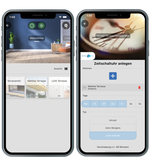 Bedienoberfläche App CentralControl - unserer smarten Steuerung für Rollladen und Sonnenschutz