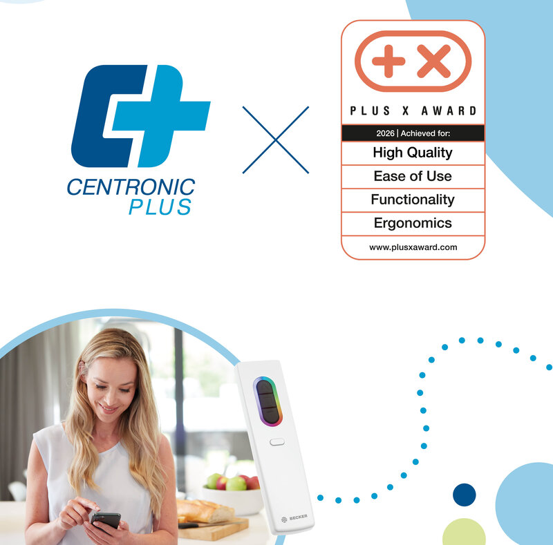 © Becker-Antriebe GmbH  Récompensé par le PLUS X AWARD pour le système radio Becker CentronicPLUS dans les catégories Haute qualité, Confort d'utilisation, Fonctionnalité et Ergonomie.