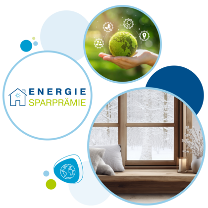 Grüne Weltkugel, winterliches Wetter und Logo Energiesparrämie