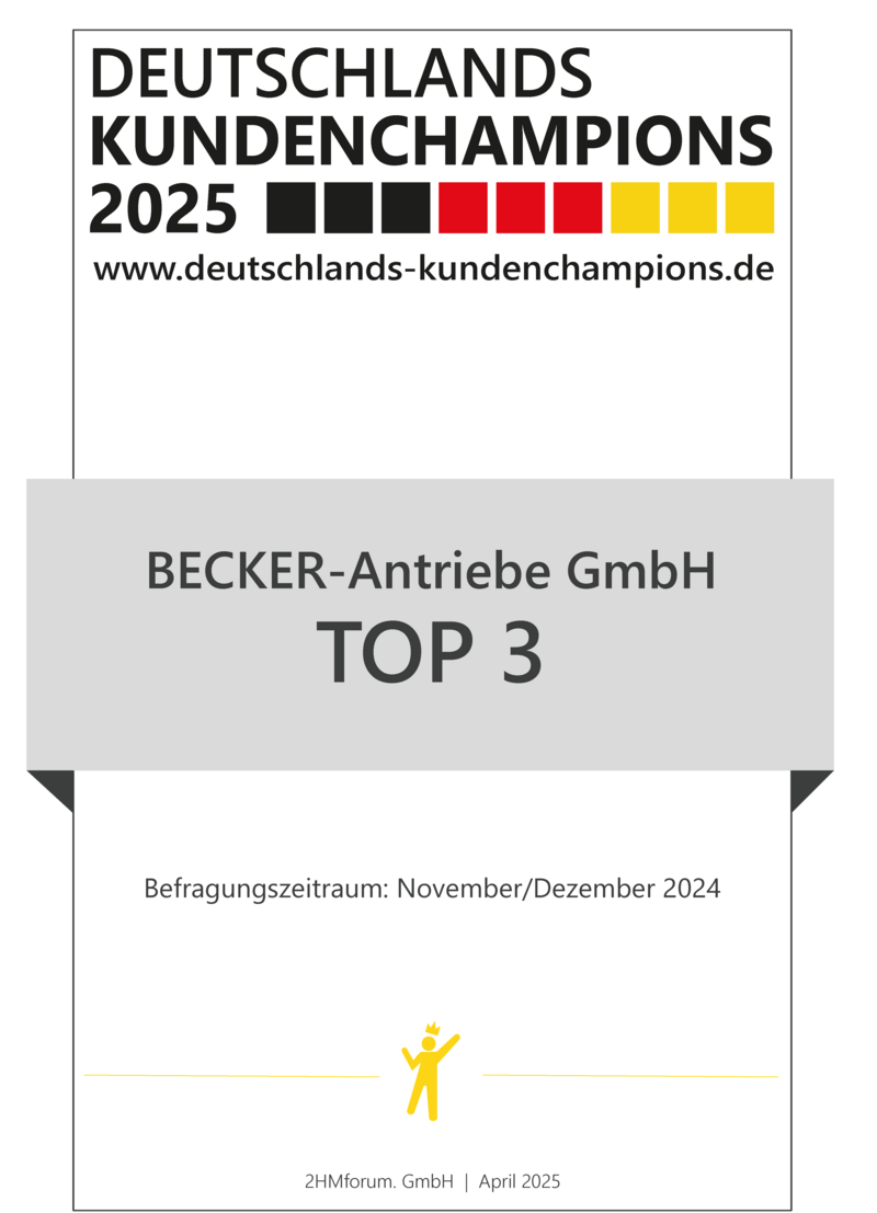 Firma Becker-Antriebe z dumą informuje o zajęciu trzeciego miejsca w rankingu  Deutschlands Kundenchampions 2025 – dowód prawdziwego zaangażowania w potrzeby klienta.