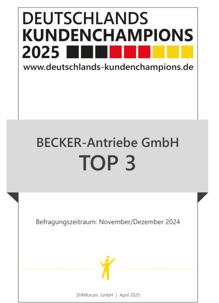 Becker-Antriebe is delighted with 3rd place in Germany’s Customer Champions 2025 – a testament to genuine customer closeness and enthusiasm.